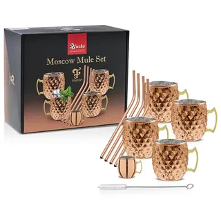 COCKTAIL Moscow Mule Set Diamond - 4 Becher à 450ml, 1 Jugger, 4 Strohhalme und Reinigungsbürste - kupferfarbener Edelstahl