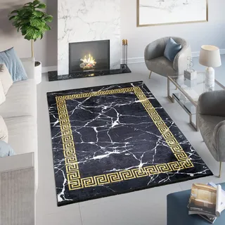 TAPISO Toscana Teppich Bedruckt Schwarz Gold Marmor 160 x 230 cm | Waschbar Goldrahmen Rutschfest Wohnzimmer Schlafzimmer Büro Modern Design