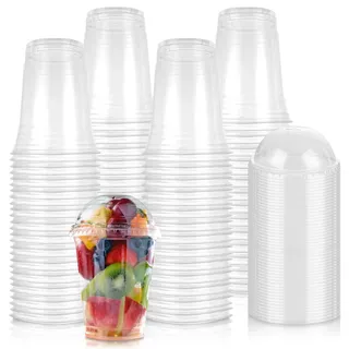 STARVAST 100 Stück Smoothie Becher To Go, 473 ml Smoothie-Becher mit Kuppeldeckel, Wiederverwendbare Tassen Plastik Becher mit Deckel für Milchshakes, Smoothies, Eiskaffee, Slusly und Bubble Tea