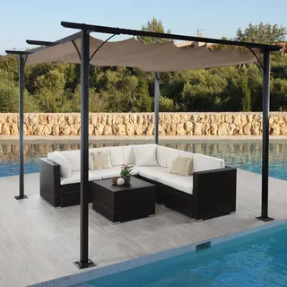 Pergola HWC-C42, Garten Pavillon, stabiles 6cm-Gestell + Schiebedach 3,5x3,5m taupe-braun - Beige