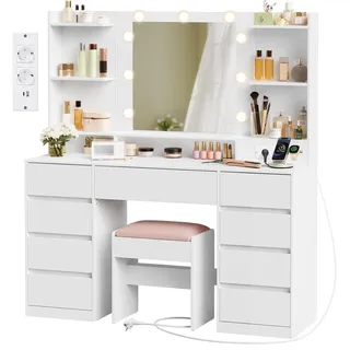 VASAGLE Kailyn Kollektion - Schminktisch mit Spiegel und LED-Leuchten, Hocker, Steckdosenleiste, 9 Schubladen, 9 dimmbare Glühbirnen, 3 Lichtfarben, werkzeuglose Gleitschienen, wolkenweiß
