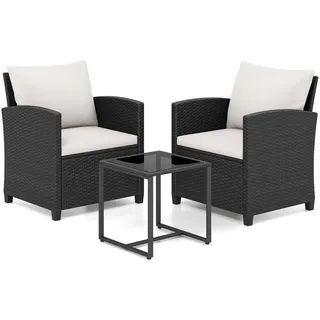 FANTASK Rattan Gartenmöbel 3er Set, Balkonmöbel inkl. 2 Rattanstühle & Gartentisch aus PE-Rattan, Gartenlounge Set mit abnehmbaren Kissen, Outdoor Sitzgruppe für Garten Pool (Schwarz-Beige)