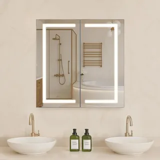 Spiegelschrank Bad mit LED Beleuchtung 65 x 65 cm Einbau- oder Wandmontage 3-farbig dimmbar mit Antibeschlagfunktion und Steckdose