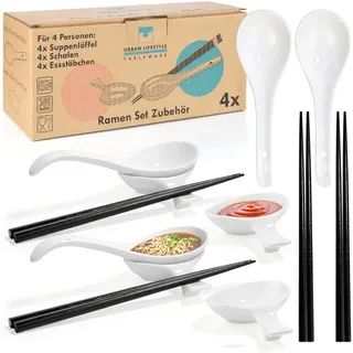 Urban Lifestyle Premium Ramen Löffel Set aus Porzellan für 4 Personen 4x Große Suppenlöffel, 4x Dipschalen mit Essstäbchen-Ablage & 4 Paar Essstäbchen Ramen Zubehör Set Weiß