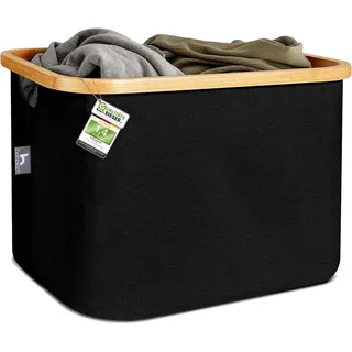 HENNEZ Aufbewahrungskorb 40L Faltbarer Wäschekorb - Körbe zur Aufbewahrung Schwarz Regal Aufbewahrungsboxen Stoff - Wäschekorb Aufbewahrungskörbe Faltbar Groß mit Bambus - Wäschekorb Körbchen Bambus