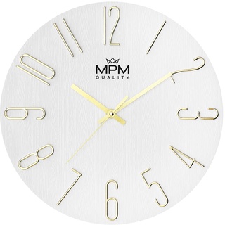 MPM Quality Design Wanduhr, Weiß/Gold, Datum-Anzeige, 3D Ziffern, präzises Quarz-Uhrwerk, ∅ 305 mm, Moderne Wand-Deko für Wohnzimmer, Schlafzimmer oder Büro