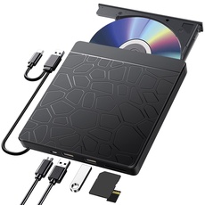 Labtec Externes CD-DVD-Laufwerk für Laptop Windows 11 10, USB 3.0 und Typ-C tragbare CD DVD +/-RW ROM Laufwerk Brenner Rewriter mit SD TF Slot & USB Ports, Slim DVD/CD Player für Linux, Mac OS
