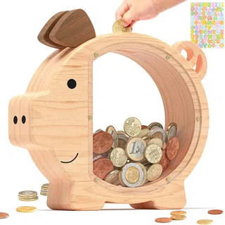 Summidate Spardose Kinder Holz Personalisiert Große Sparbüchse Sparschwein | Große Geldspardose für Jungen Mädchen, Sparbüchse für Geldscheine und Münzen, Geschenk zum Geburtstag, Kinderzimmer Deko