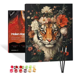 Bougimal Malen Nach Zahlen Erwachsene Tiere Mit Rahmen inklusive Pinsel und Acrylfarben - 40 x 50 cm, Tiger im Blumenmeer 2