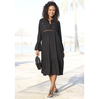 Midikleid LASCANA, Damen, Gr. 36/38, N-Gr, schwarz, Web, Obermaterial: 100% Viskose, unifarben, figurumspielend knöchelfrei, Rundhals, Volant, Kleider Midikleid, mit Häkeleinsätzen