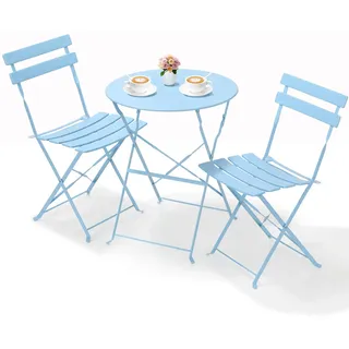 Clevich Bistro Set Balkon Metall, Balkonmöbel Set 3 teilig, Bistrotisch mit 2 Stühlen, Gartenmöbel-Set Outdoor Sitzgruppe, Faltbar und Wetterfest, für Gärten, Terrassen (Blau)