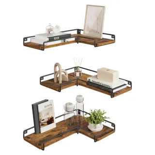 Wand-Eckregal - Set mit 3 L-förmigen Regalen - Metallrahmen - Holzablagen - Wandmontage - Modern minimalistisch - Braun - Braun