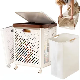Klappbarer Wäschesammler mit Rollen und Deckel – 2-teiliges Wäschekorb-Set (1x mobiler Hauptwagen + 1x Textilkorb), Mobiler Wäschesortierer für Waschküche, Badezimmer und Kinderzimmer