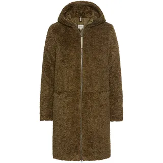 camel active Damen Teddyfell Mantel lang mit Frontzipper & Kapuze Dunkelkhaki, womenswear-36