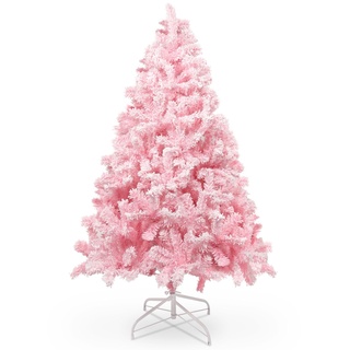 himaly 150 cm/5 ft Weihnachtsbaum Beflockt Rosa mit praller Flocked Dekoration with Schneeflocken, 600 Spitzen Kiefernblattblätter aus PVC und Stabile Basis, Christbaum für Weihnachtsdekorationen