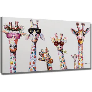 ZHONGYUTONG Graffiti Leinwand Kunstdruck mit Rahmen Giraffe Familie mit Brille Wanddekoration Buntes Tier Bild Poster Lustige Gemälde für Kinderzimmer (40x80cm)