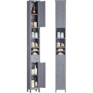 VASAGLE Badezimmerschrank, Badschrank, hoch, schmaler Aufbewahrungsschrank, mit verstellbaren Ablagen, Schublade, offenen Fächern - Grau