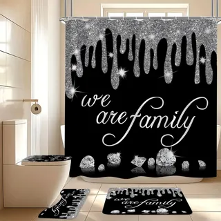 4-teiliges Familien-Glitzer-Diamant-Duschvorhang-Set, schwarzer Famliy-Duschvorhang mit WC-Deckelbezug und Teppichen, luxuriös, glitzernd, glänzende Duschvorhänge für Zuhause, Badezimmer, Dekor mit 12