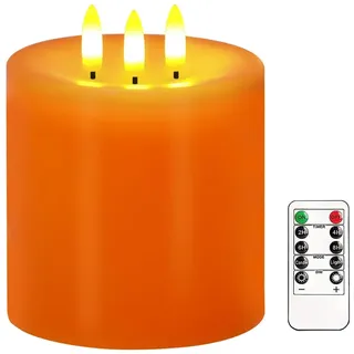 Justup Flammenlose LED-Kerzen, Große 3 Docht LED Kerzen mit Fernbedienung & Timer, Echtes Wachs, Batteriebetriebene Säulen Kerzen für den Herbst Halloween Thanksgiving Dekor (Orange)