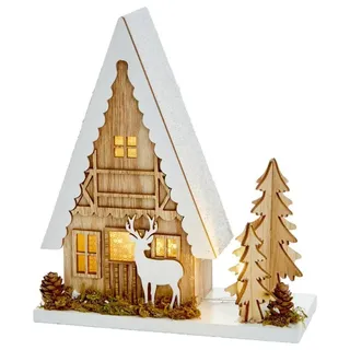 Weihnachten Haus Holz Mit Baum & Rentier 22CM Batterie Betrieben Ornament