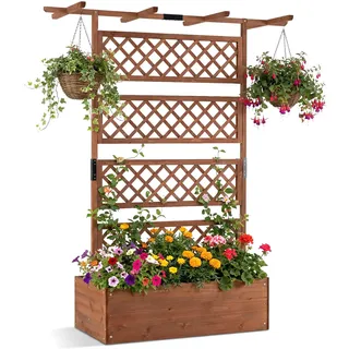 COSTWAY Blumenkasten mit Rankgitter & Dach, Pflanzkübel mit Sichtschutz, Pflanzkasten Tannenholz, Hochbeet mit Spalier, Drainagelöchern, Blumenkübel mit Rankhilfe für Kletterpflanzen, 100 x 55 x 183cm