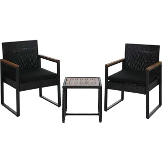 MCW Poly-Rattan Garnitur P74 Garten 2x Stuhl Tisch Akazie Holz Schwarz Polster Schwarz