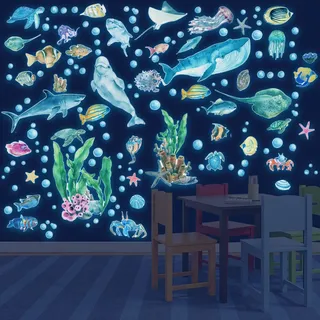 Wandsticker Leuchtaufkleber Wandtattoo Leuchtend Ozean Meerestiere Fluoreszierend Wandaufkleber Glühende Meeresschildkröte Quallen Fisch Unterwasserwelt Für Kinderzimmer Dekorative Aufkleber Wanddeko