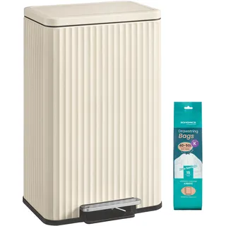 SONGMICS Mülleimer Küche, 50 Liter, Abfalleimer mit Pedal, Tretmülleimer mit Deckel, Softclose, Inneneimer herausnehmbar, Stahl, inklusive 15 Müllbeutel (Code K), cremeweiß LTB586LZ02