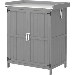 Gartenschrank Holz, Geräteschuppen wetterfest 74x43x88cm, Gerätehaus mit Klappdach Ablagen, Arbeitsfläche, Geräteschrank, Gartenhaus Werkzeugschrank Gartenschuppen für Garten, Terrasse, Grau | - Grau