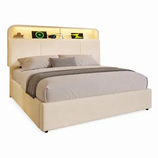 Stilvora Polsterbett 140/190 cm in Beige Samt mit Bettkasten, LED und Usb , Textil , 140x190 cm , Schlafzimmer, Betten, Polsterbetten