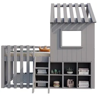 Stilvora Hochbett 90/200 cm in Grau Kinderbett im Haus-Design mit Dach, Fenstern, Leiter und Stauraum , Holzwerkstoff , 90x200 cm , Babymöbel & Kindermöbel, Kinderzimmer & Jugendzimmer, Kinderbetten, Spielbetten