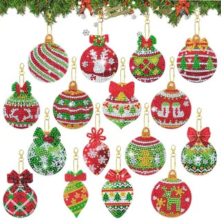 SelfTek Diamond Painting Weihnachten Anhänger - 16 Stück Diamant Painting Weihnachten für Erwachsene, Doppelseitige Diamondpainting Schlüsselanhänger Weihnachtskugel für Weihnachtsbaum Deko
