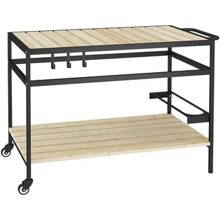 Outsunny Servierwagen, Barbecue Trolley mit 2 Regalen, Haken für Garten, Balkon, Natur , Fichtefarben , Metall, Holz , 65x80x107 cm , Esszimmer, Servierwagen