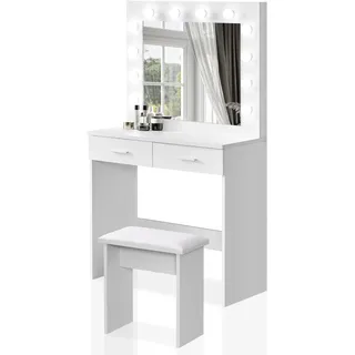 TUKAILAI Schminktisch mit LED Beleuchtung, Kosmetiktisch mit Spiegel und Hocker, Schminkkommode 80 cm Breit, 3 Farbige Beleuchtung, 2 Schubladen, Weiß