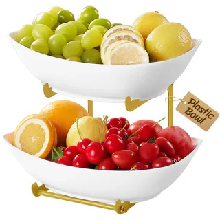 Lifewit Obst Etagere mit 2 Etagen, Kunstsoff Obstschale mit Schwarzem Metallregal, Obstkorb Etagere mit Servierplatten für Snack Gemüse Kekse Desserts, Buffet Party Zubehör, 28 x 23 cm/11×9", Gold