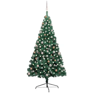 The Living Store Künstlicher Halb-Weihnachtsbaum Beleuchtung Kugeln Grün 210 cm - Grün
