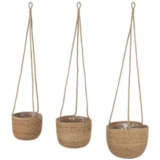 Spetebo Seegras Blumenampel Natur 3er Set - 23, 20, 17 cm - Pflanztopf zum Hängen aus Naturmaterial - Hänge Blumentopf Pflanzen Halter mit Innenfolie