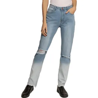 enflame Destroyed Mom Jeans High Waist Straight Denim Hose Farbverlauf Bleached Größe: XS - Blau