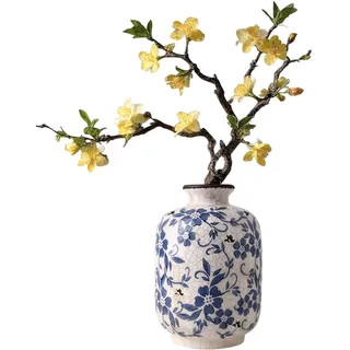 Blau und Weiß Porzellan Vase, Blumenvase Keramik Vintage, Kleine Vasen Deko Rustikal Handgefertigt Asiatische Vasen mit Antike Eisriss-Glasur für Heimdekoration 12.5 x 18.5 cm (S)
