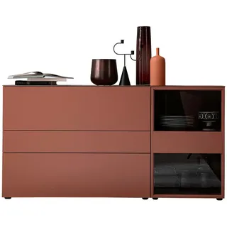 Schöner Wohnen Sideboard , Rot, Eichefarben , Holz, Glas, Holzwerkstoff , Eiche , furniert , 2 Fächer , 2 Schubladen , 180x92.4x45 cm , Beimöbel erhältlich, in verschiedenen Holzdekoren erhältlich , Wohnzimmer, Wohnwände, Wohnwand-Serien