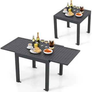 COSTWAY Gartentisch Alu 80/160x80cm ausziehbar, Esstisch wetterfest, rechteckiger Terrassentisch mit Lattentischplatte für 4-6 Personen - Dunkelgrau