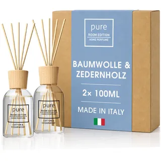 PURE ROOM EDITION 2X 100ml Baumwolle & Zedernholz Raumduft | natürliche Inhaltsstoffe, vegan & tierversuchsfrei, Bio-Alkohol, Diffuser mit Stäbchen hergestellt in Italien