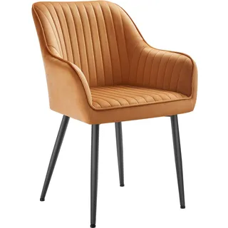 Songmics Esszimmerstuhl, mit Armlehnen, Loungesessel, bis 120 kg belastbar, Metallbeine, für Esszimmer, Küche, karamellbraun-tintenschwarz