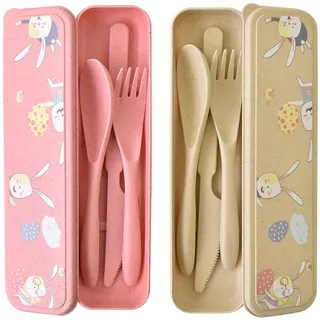 Besteck Set 2 Personen, Campingbesteck & Reisebesteck - Robust, Tragbar und Wiederverwendbar, Reisebesteck mit Etui für Camping Geburtstagsfeier Schule Arbeiten ( Pink + Beige )