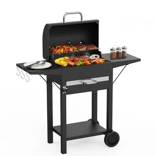 KOBENDA Holzkohlegrill mit Deckel XL BBQ Smoker Grillwagen inkl. Thermometer verstellbarem Rost Robuster Standgrill für Garten, Terrasse, Camping Komplettset mit Abdeckhaube Ascheschublade