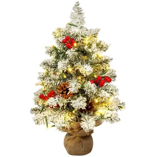 AGM 55 cm Tisch Weihnachtsbaum Klein mit praller Flocked Schneetanne 40leds Lichterketten Deko 28 Rote Beeren 5 Tannenzapfen 20inch Künstlicher Christbäume für Weihnachts Dekoration