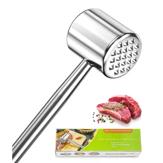 HOOMIL Fleischklopfer, Edelstahl Fleischhammer, Spülmaschinengeeignet, Doppelseitiger Antihaft Schnitzelklopfer für Steaks und Schnitzel - Silber