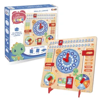 CRAZE My Learning Clock Dino ENGLISCHE SPRACHE - Lernuhr Kinder Holz, Kalenderuhr zum Lernen für Kinder, Lerntafel Uhr Jahreszeiten Wanduhr