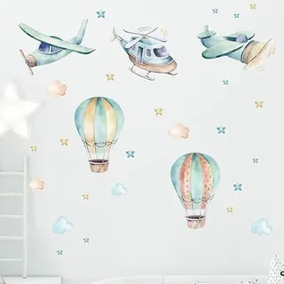 Fufuquare Cartoon Farbenfroher Flugzeug Heißluftballon Wandtattoo Wolke Stern Entfernbare Vinyl Wandaufkleber für Kinderzimmer Kinder Betreuungszimmer Klassenzimmer