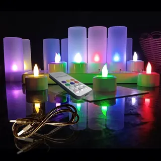 Wiederaufladbare LED Kerzen Teelicht, 12Stk Flammenlose LED Batteriebetriebene Flackernde Teelichter mit Ladestation, Fernbedienun Mattierte Tassen für Hochzeit Halloween Weihnachten Deko Multicolor